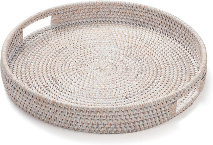 13.8 inch Round Rattan Tray, Decorative Coffee Table Tray, Ottoman Tray, Woven Serving Tray with Handles, Wicker