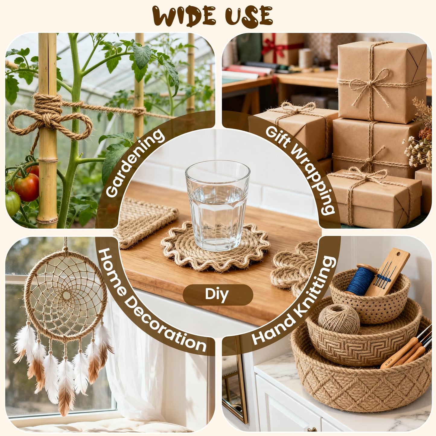 Natural Jute Twine 6mm x 328ft, 4Ply Twisted Heavy Duty Rope Roll for Gardening, Crafting, Bundling, Cat Scratching Post, Home Decor, Christmas Decorations
