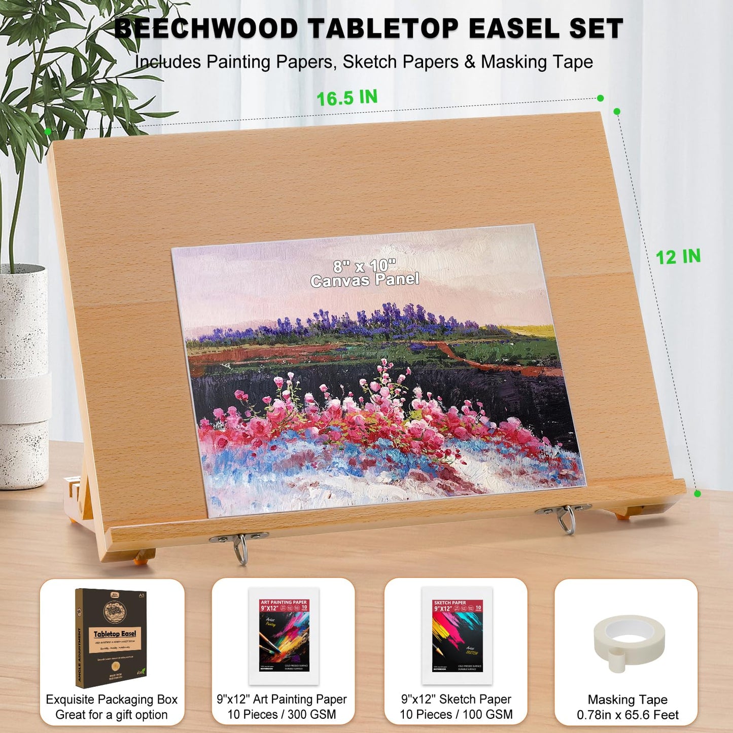 Tabletop Easel for Painting, 16.5"x12" Adjustable Portable Beechwood Drawing Board with Detachable Strap, Art Easel Includes Art Painting Papers, Sketch Papers and Masking Tape, Ideal for Diamond Art