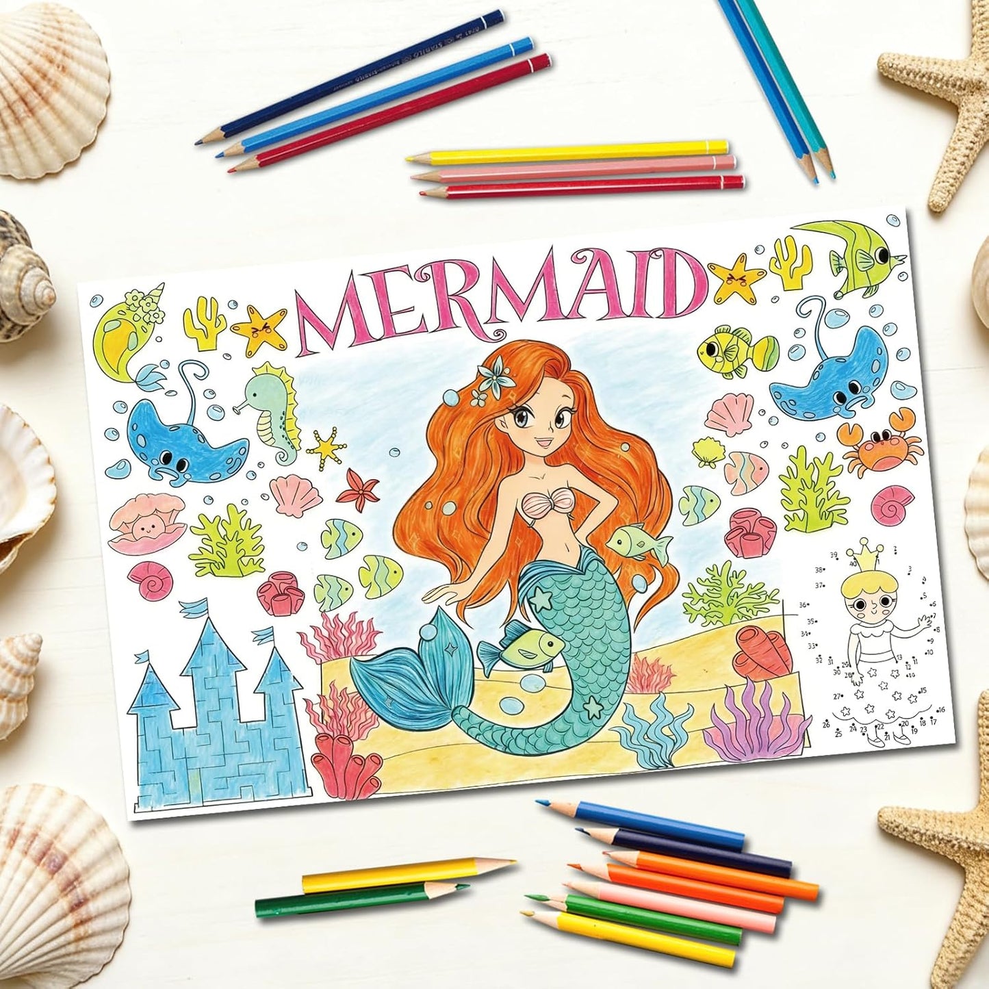 15Packs 17X11Inches Mermaid Crafts for Kids Coloring Placemats with Thankful - Fall Art Activities for Friendsgiving
