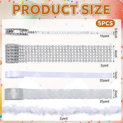Giegxin 5 Rolls 54 Yard Homecoming Mum Ribbon Including Crystal Rhinestone Ribbon Polyester Star Trim Marabou Feather Boa White Satin Silver Organza for DIY Chrysanthemum Party Supplies