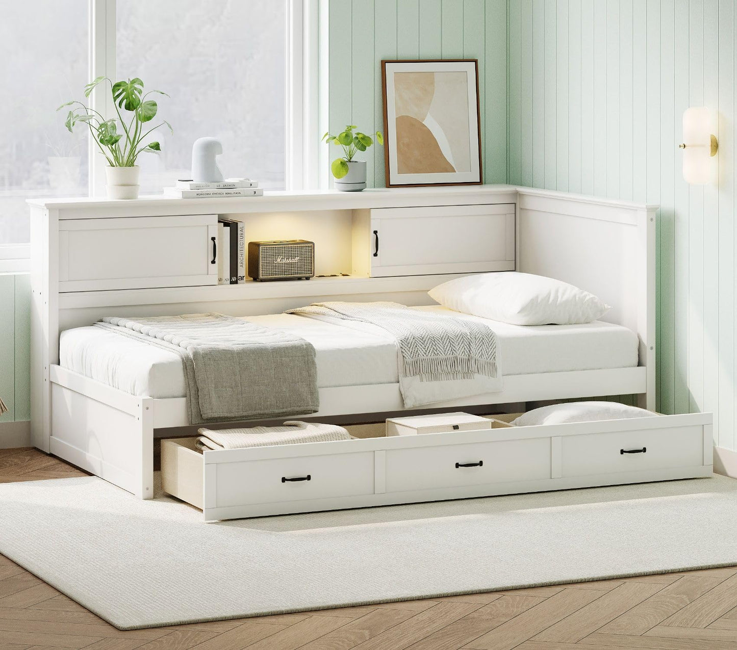 Merax Full Size Corner Bed Frames with Storage Drawers, Bookcase, Charging Station, Led Downlight, Wooden L-Shaped Captain Daybed Platform for Small Room, Bedroom, Guest Room, Kids'Room, White