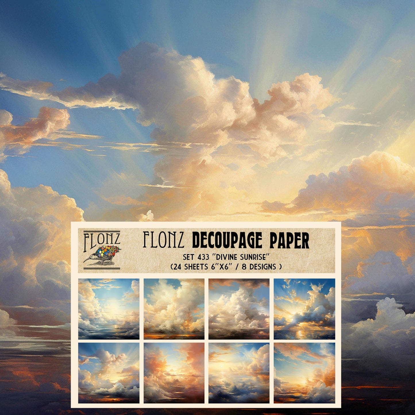 Decoupage Paper Pack (24 Sheets 6"x6") Divine Sunrise # Vintage Styled Pattern Paper for Decoupage, Craft and Scrapbooking