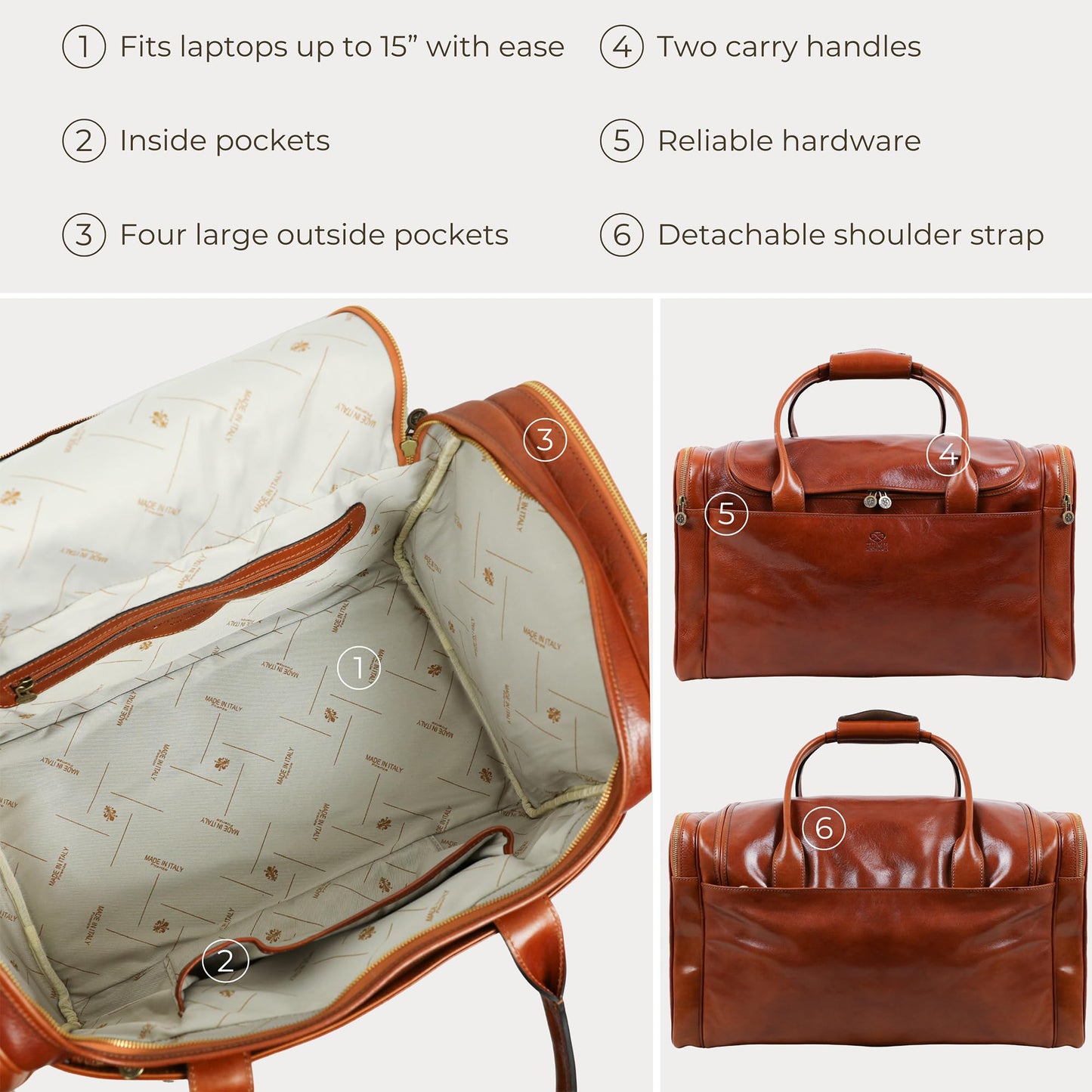 Time Resistance Leather Duffel Bag - Large Weekend Gym Travel Bag (Cognac Brown)