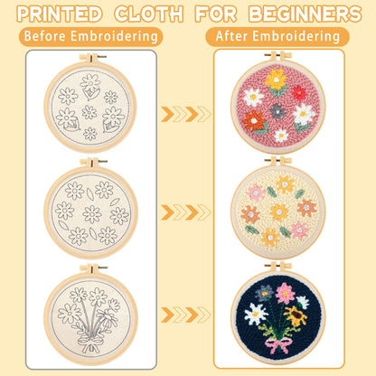 ojustbeok 3 Set Punch Needle Embroidery Starter Kits Includes Punch Needle Fabric with Daisy Pattern, Yarns, Embroidery Hoops, Sewing Needles, Instruction for Adults Beginner DIY Handmade Crafts Gifts