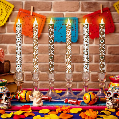 Lyrow 6 Pcs Mexican Cielito Lindo Flameless Taper Candles 11 Inch Real Wax LED Candles Flickering Battery Operated Candlesticks for Mexican Day of the Dead Home Dinner Holiday Decor Mexico Gifts