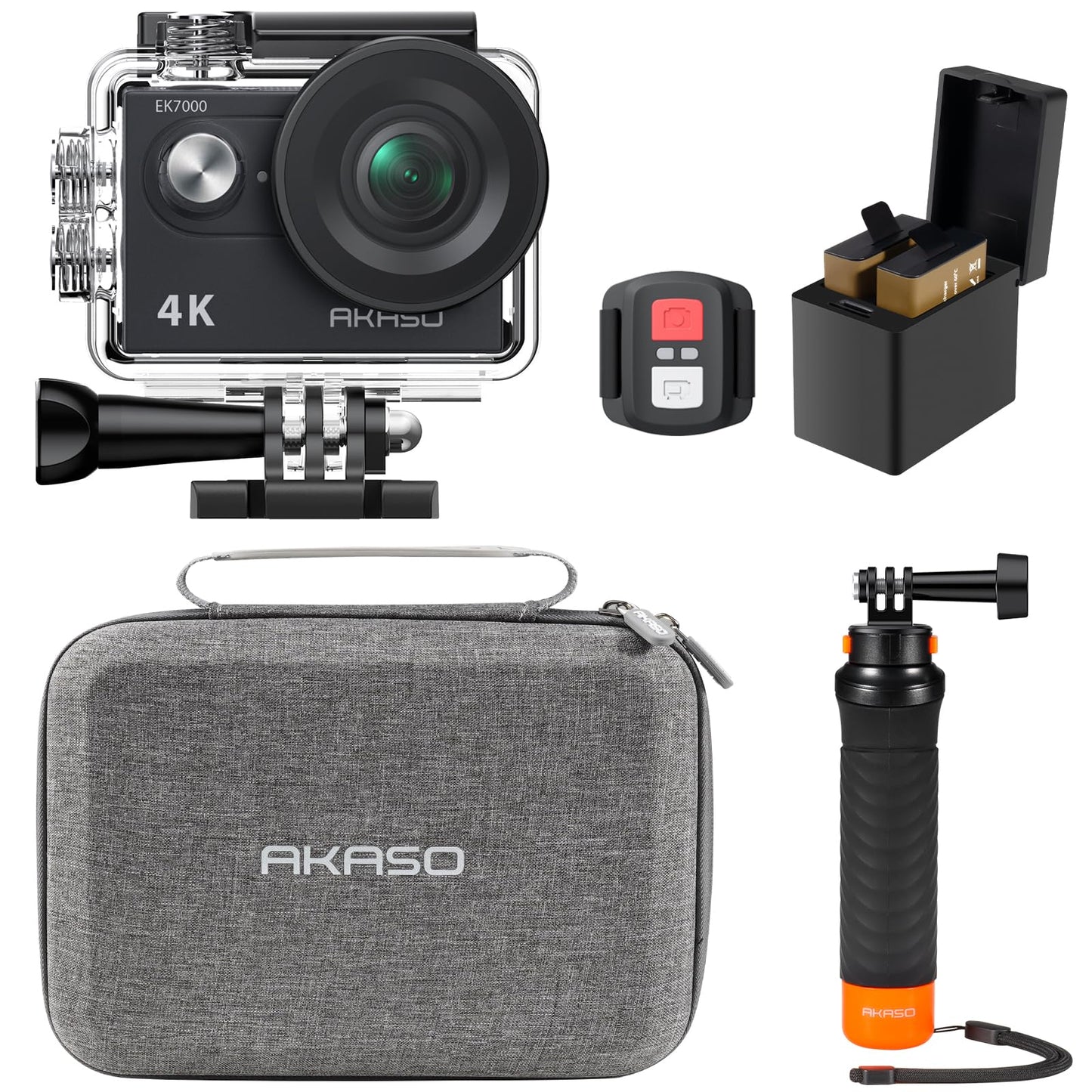 AKASO EK7000 4K30fps 20MP Action Camera EIS Ultra HD 131FT Waterproof Underwater Camera with Waterproof Floating Hand Grip Bundle and Carrying Case Helmet Accessories Kit Bundle