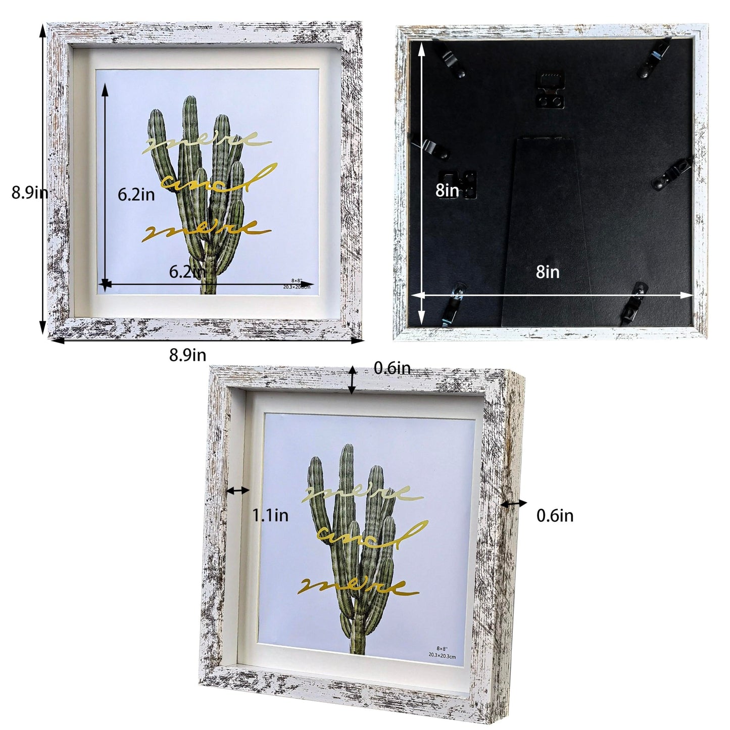 Houstimi Rustic 8x8 Shadow Box Frame White Shadow Box Display Case Made of Solid Wood and Real Glass Internal Depth 0.6 inches for Wall Or Tabletop（3 Pack）