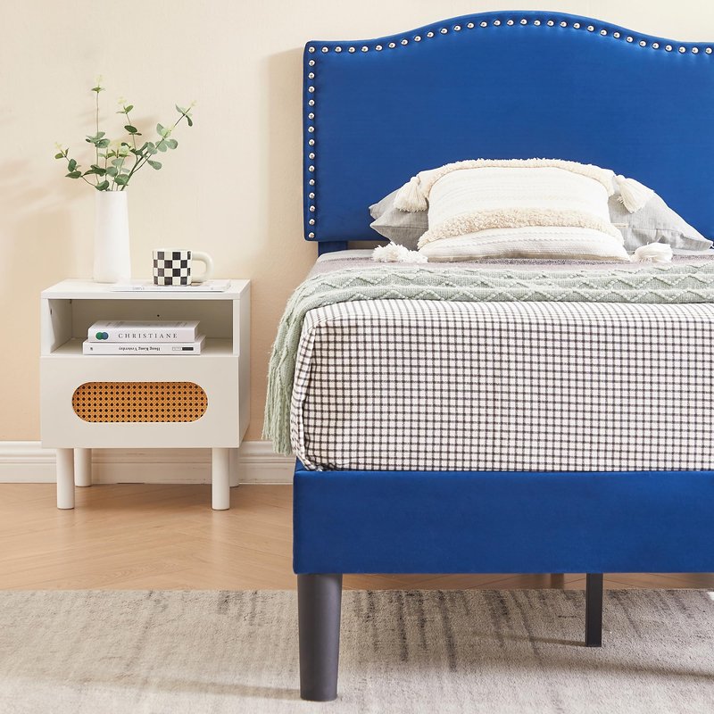 VECELO Twin Upholstered Platform Bed Frame for Kids,Girls,Boys,with Tufted Adjustable Headboard/Mattress Foundation/Wood Slat Support,Easy Assembly,Dark Blue