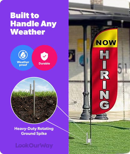 LookOurWay Feather Flag Pole Kit 3-Pack Bundle - 7ft Tall Grand Opening Advertising Banners with Poles and Ground Spikes - Now Open Red, Welcome Blue/Red, Now Hiring