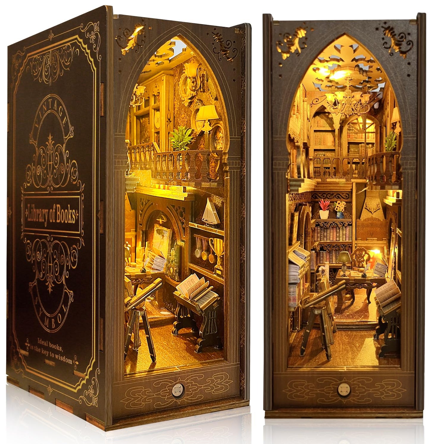 Book Nook Kit, MOJINO DIY Miniature 3D Puzzle Wooden Bookends Doll House with LED Lights for Bookshelf Decor, Tiny Miniverse Model House Art Craft for Adults Gril Halloween Christmas Decoration Gift