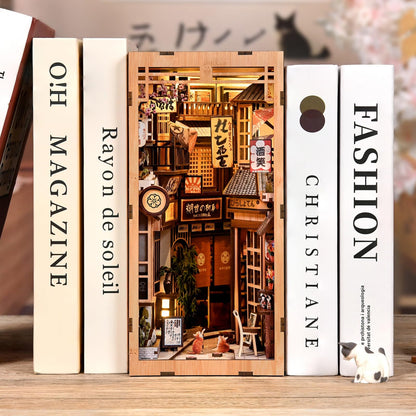 Reenovan Book Nook Kit, DIY Miniature House Kit for Adults & Teens, Japanese Alley Scene Bookshelf Insert Decor with LED, 3D Wooden Puzzle Gift for Book Lovers (Cat Alley)