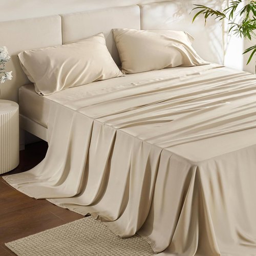 Bedsure King Size Cooling Sheet Set - Breathable Rayon from Bamboo, Deep Pocket Up to 16", Luxurious Beige