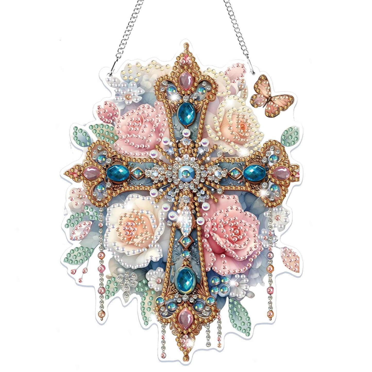 Bowetile Hanging Diamond Art Cross Kits for Adults, 5D Special Shape Diamond Painting Flower Kits, Cross Diamond Gem Art Suncatchers Painting Pendant Ornament for Home Garden Wall Decor