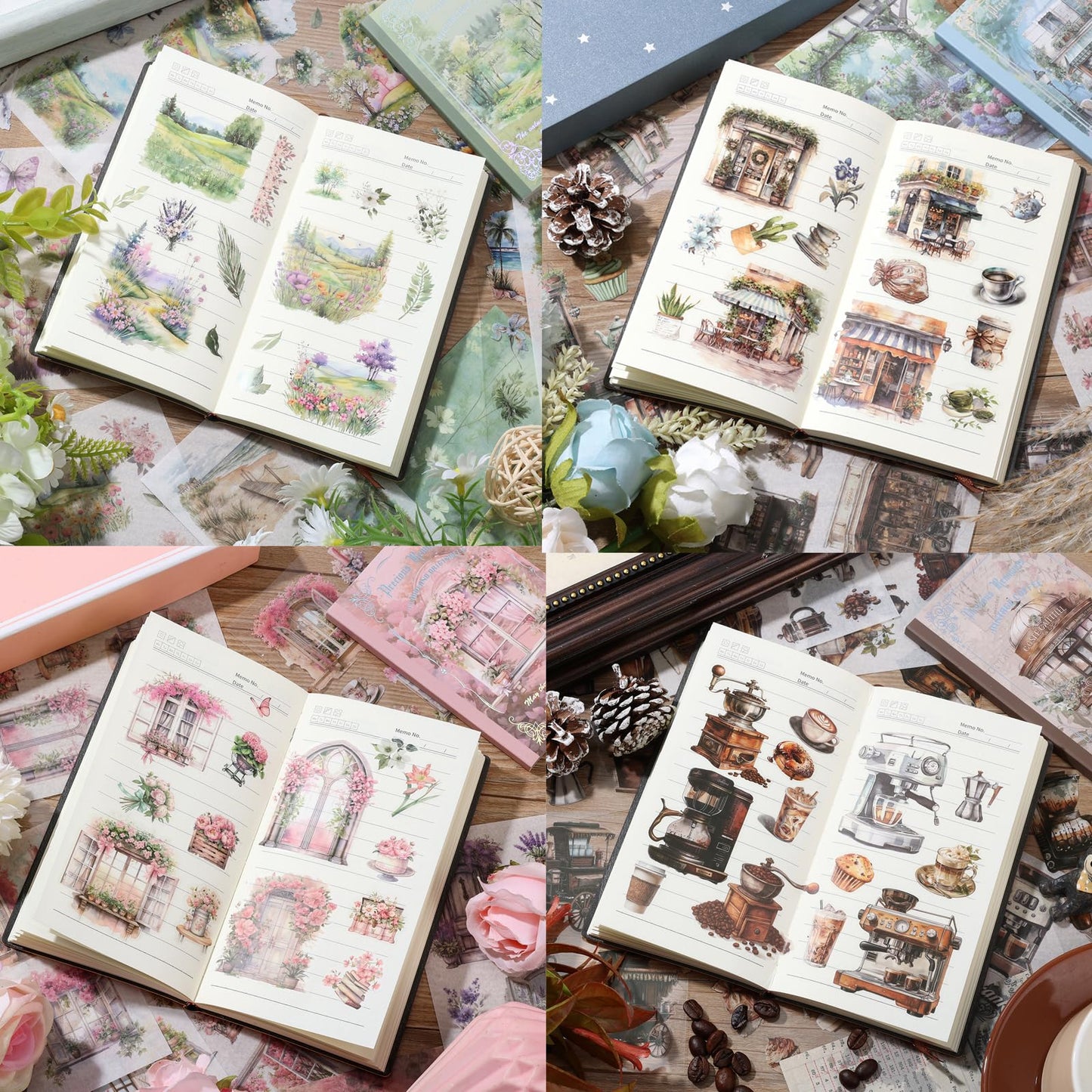 Auguro 4 Book for Garden Landscape Scrapbooking Stickers Pre-Cut 300 washi Stickers 300 PET Sticker Books for journaling Scrapbook Supplies Transparent Sticker for journaling
