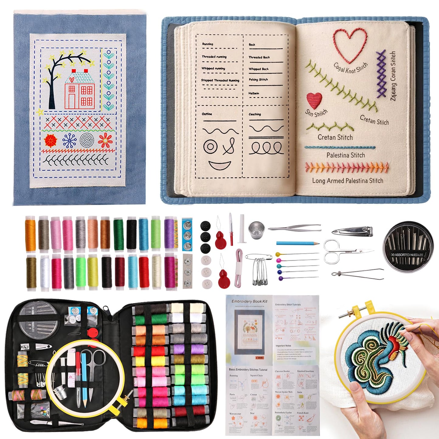 Losaria 100 PCS Complete Embroidery Stitch Kit with Includes Step-by-Step Instructions, Hoops, Threads, Needles & Fabric, All-in-One Portable Starter Set for Adult Beginners & DIY Craft Enthusiasts