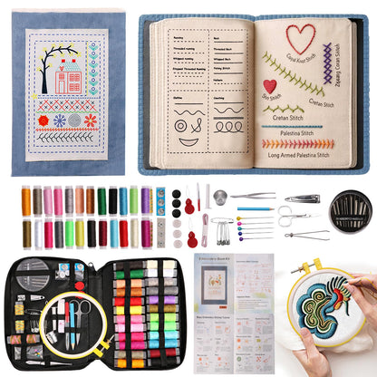 Losaria 100 PCS Complete Embroidery Stitch Kit with Includes Step-by-Step Instructions, Hoops, Threads, Needles & Fabric, All-in-One Portable Starter Set for Adult Beginners & DIY Craft Enthusiasts