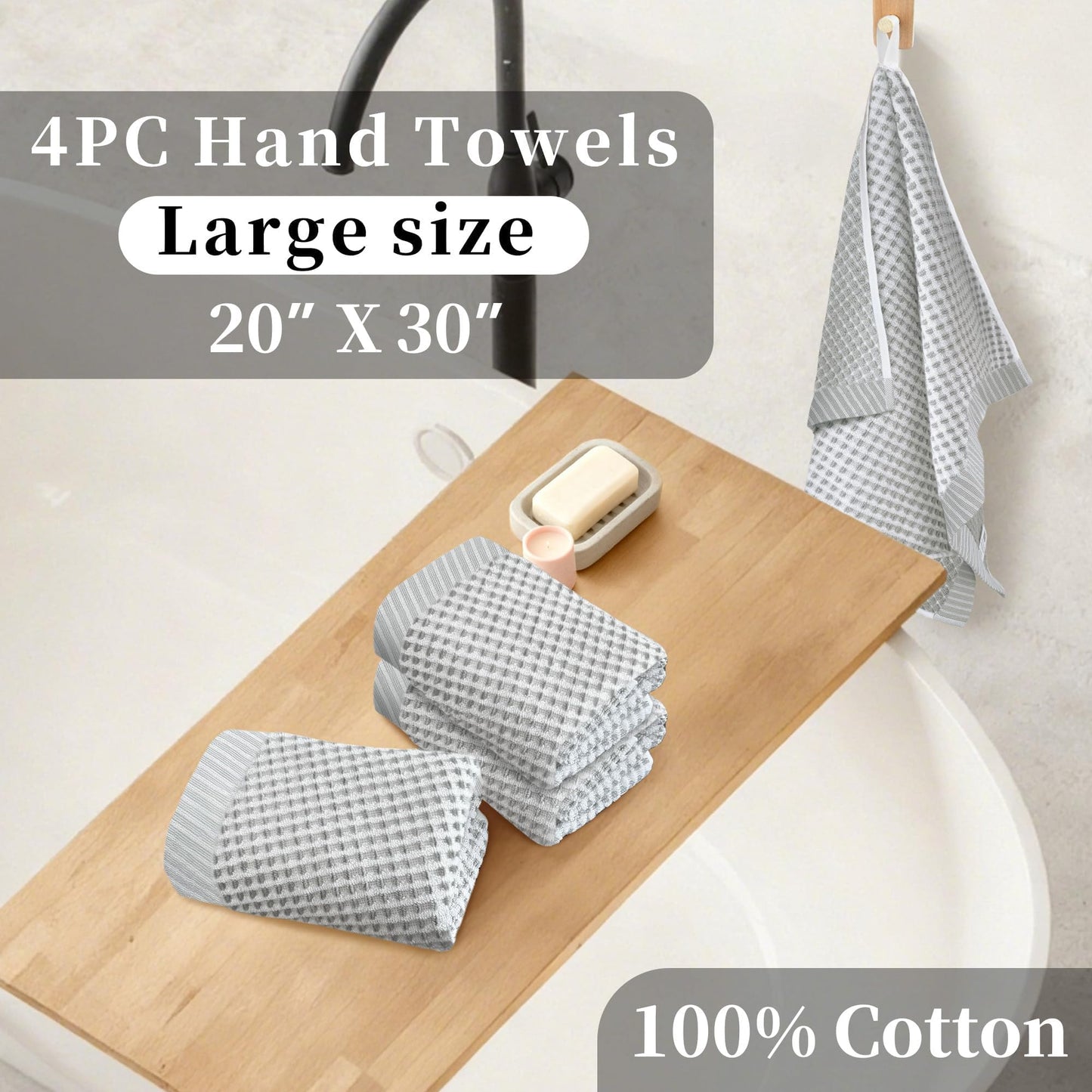 VOOVA & MOVAS 100% Cotton Waffle Large Hand Towels 4PC – Luxury Hand Towels with Hanging Loop 20"x30" | Soft | Absorb | Quick Dry | Lightweight, Durable Bathroom Essentials, White and Gray Waffle