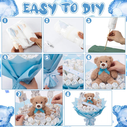 Pinkunn 66pcs Teddy Bear Bouquet DIY Kit Accessory New Mom Gift Newborn Gender Reveal Baby Shower Supplies Flower Making Essentials Decorations with Teddy Bear Light Blue Ribbon Wrapping Paper Cards