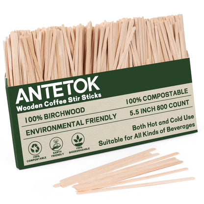 ANTETOK Wooden Coffee Stirrers - Coffee Stir Sticks 5.5 Inch,800pcs Disposable Swizzle Sticks,Swizzle Drink Sticks for Coffee,Tea,Cocktail and Hot Chocolate