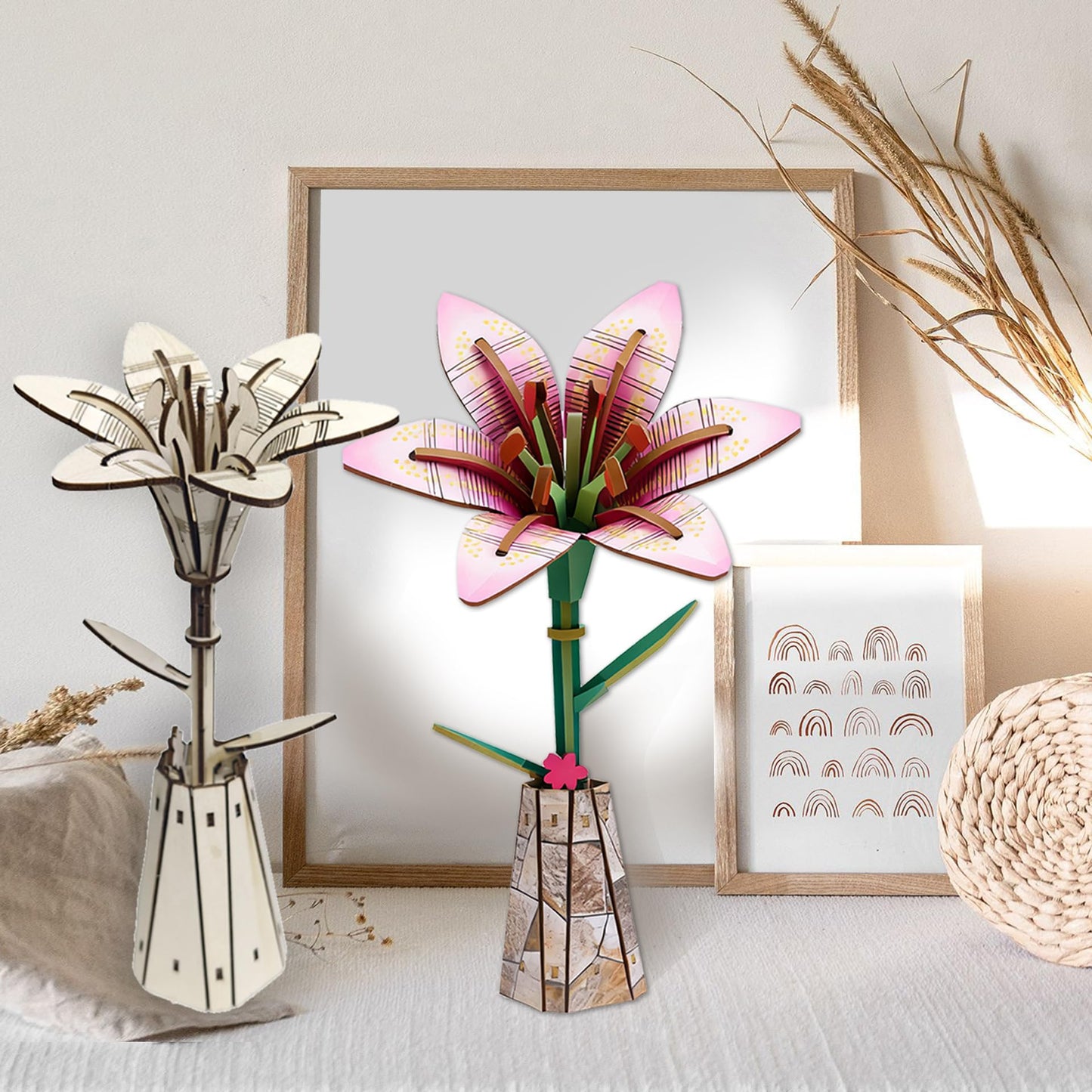LYYHUWJIE 3D Flower Puzzle for Adults, Lily DIY Wooden Flower Crafts Set, Artificial Flower Model Kit to Assemble, Creative Adult Craft Kit for Women, Desk Decor & Mother’s Day Gift