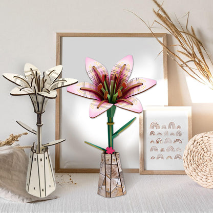 LYYHUWJIE 3D Flower Puzzle for Adults, Lily DIY Wooden Flower Crafts Set, Artificial Flower Model Kit to Assemble, Creative Adult Craft Kit for Women, Desk Decor & Mother’s Day Gift