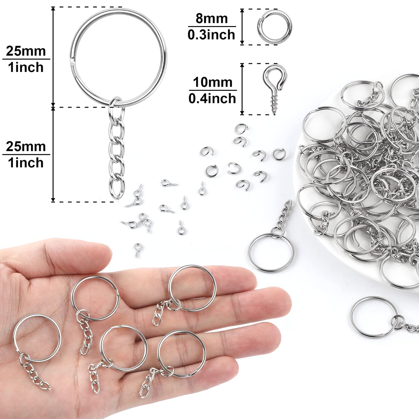 600Pcs Keychain Rings - 25mm Rings, Keys Jumps Including Chain & 200 Screw Eye Pins - Set for Resin Crafts