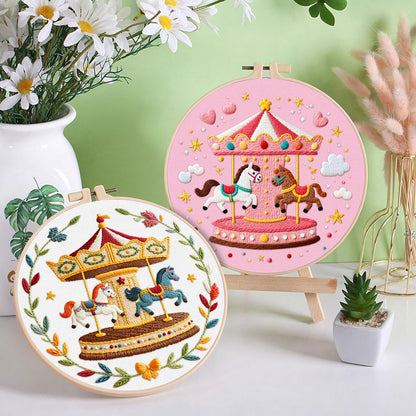 ERKOON 4 Set Embroidery Kit for Beginners, Cross Stitch Set Include Embroidery Cloth Hoops Threads for Craft Lover Hand Stitch with Embroidery Skill Techniques (Carousel)