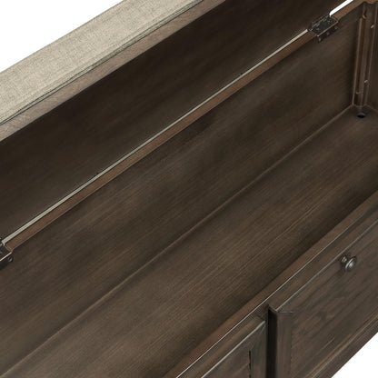 OSP Home Furnishings Dover Coastal Lift-Top Storage Bench with Shutter Face Styling, Dark Walnut Finish with Beige Fabric Cushion