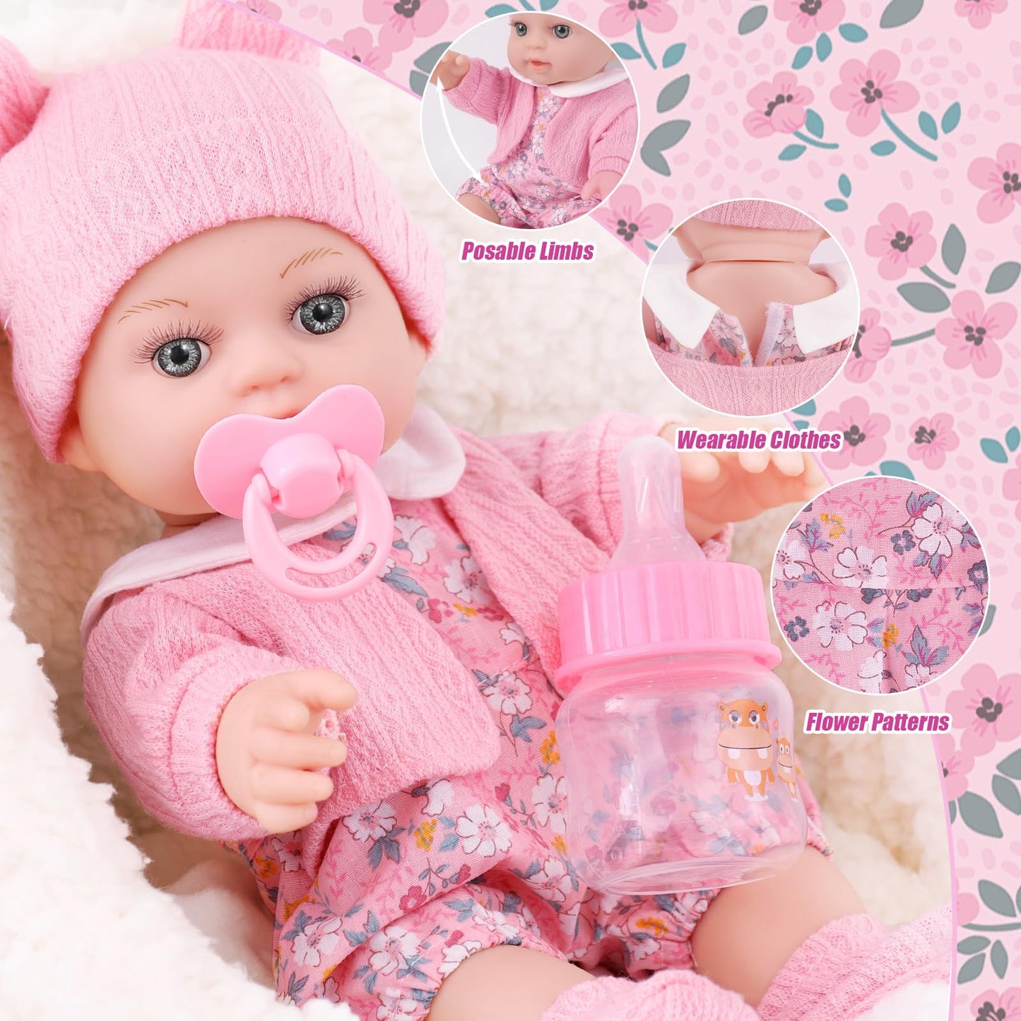 DOTVOSY 12" Baby Doll Set with Clothes and Baby Carrier for Dolls Reborn Baby Doll Accessories Include Feeding Bottles Nipple Toy Stuffs for Kids Age 3+