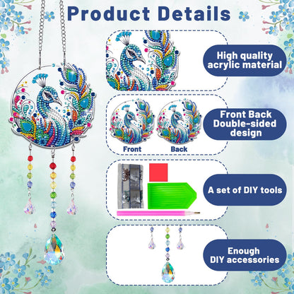 Arts and Crafts for Girls Ages 6-12, DIY Diamond Painting Kits for Kids Teens Adults, Birthday Gifts for 6 7 8 9 10 11 12 Year Old Girls, Peacock Butterfly Feather Wind Chimes for Home Garden Decor