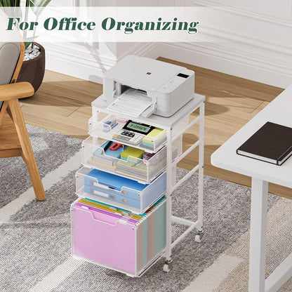 Sbanmao 4 Drawer Rolling File Cart with Wheels, Mobile Filing Cabinet for Home Office, Hanging File Organizer, Under Desk Storage, Multifunctional Utility Cart Printer Stand, White