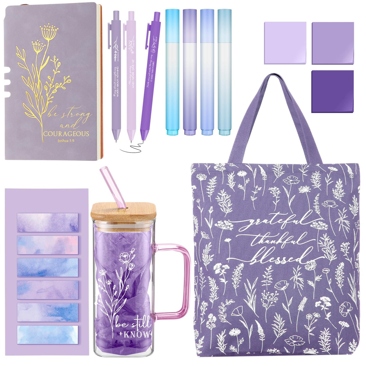 Reallnaive 14 Pcs Christian Gifts for Women Church Bible Journaling Study Kit 16oz Glass Cup Canvas Bag A6 Leather Notebook Highlighter Pen Sticky Note Sticker Fathers Day Sunday Shool Gift(Purple)