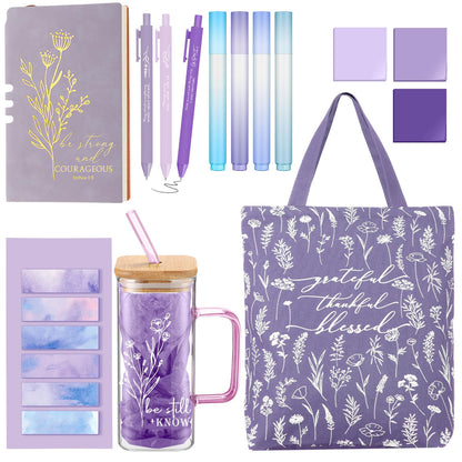 Reallnaive 14 Pcs Christian Gifts for Women Church Bible Journaling Study Kit 16oz Glass Cup Canvas Bag A6 Leather Notebook Highlighter Pen Sticky Note Sticker Fathers Day Sunday Shool Gift(Purple)