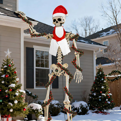 DECYOOL 12 ft Skeleton Santa Outfit, Christmas Skeleton Costume Accessories Set Santa Hat Scarf Beard Tinsel Garlands and Inflatable Candy Cane for Outdoor Indoor Garden Props Festival Decor
