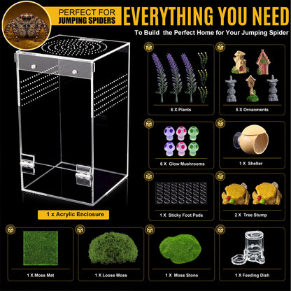Feekoon Jumping Spider Enclosure Kit, Acrylic Insect Terrarium, Transparent Bug Habitat for Praying Mantis & Small Arboreal Species, Complete Starter Tank with Ventilation