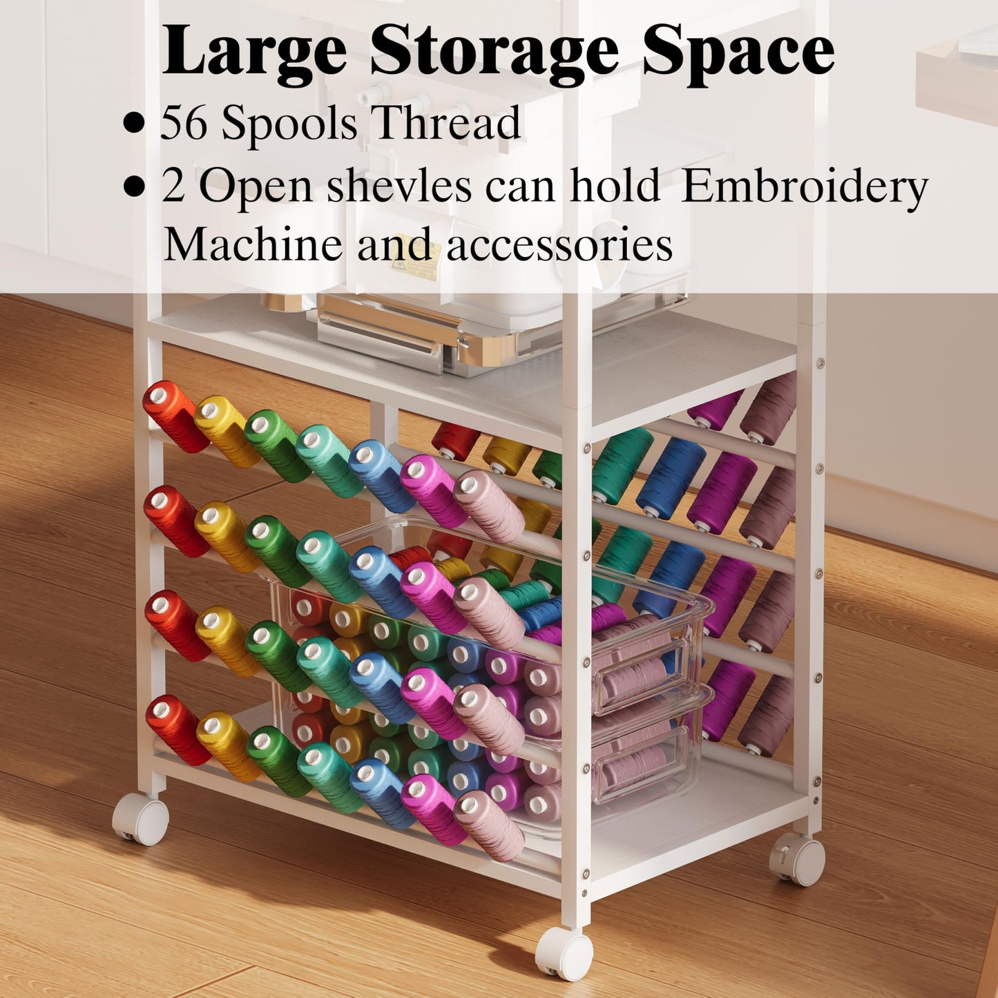 NinPeen Rolling Sewing Machine Table with 2 Fabric Drawers，Craft Table on Wheel with Spools Thread Holder，Portable Sewing Cabinet for Embroidery Machine with 3 Open Shelves for Small Spaces (White)