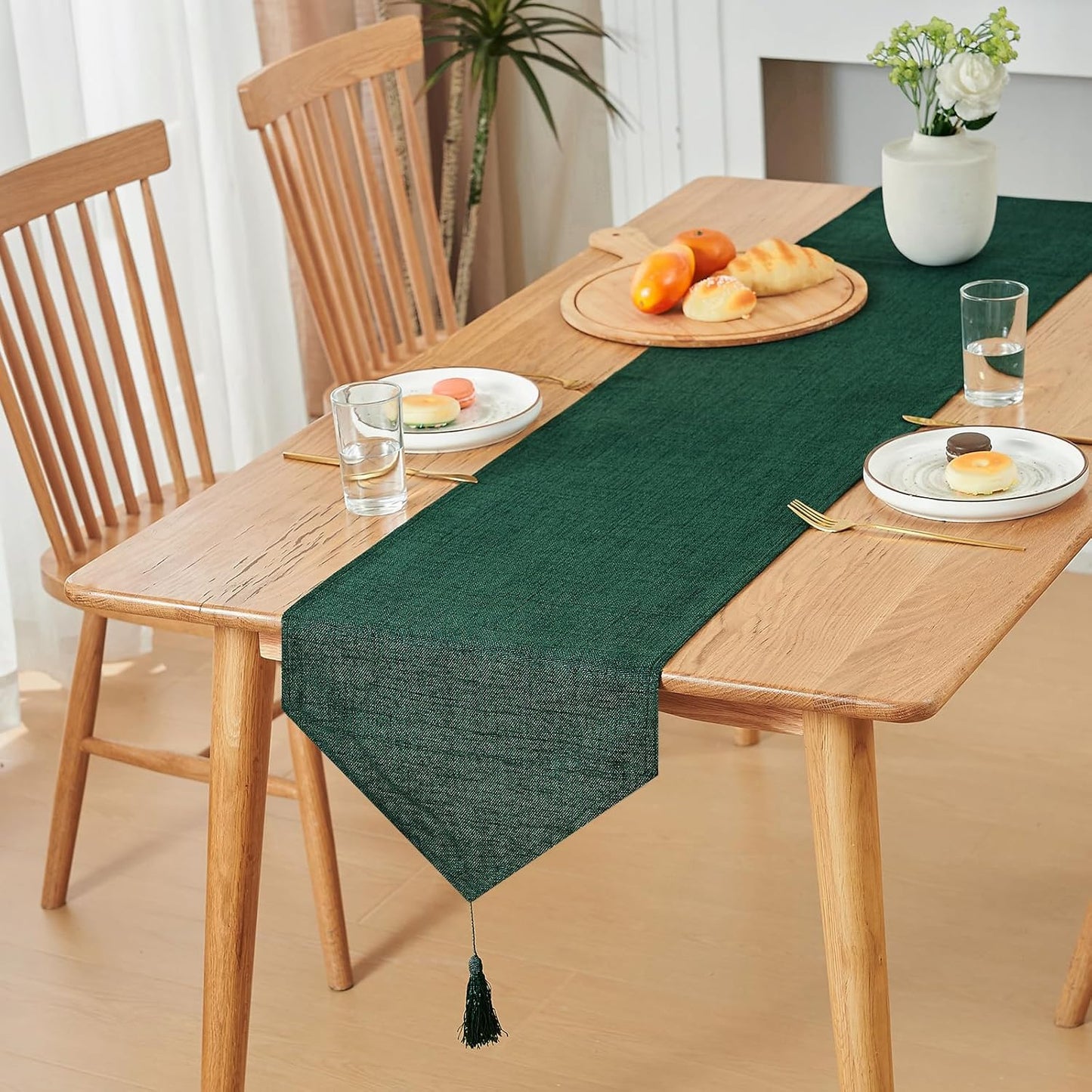 14x95 Inch Faux Burlap Spring Table Runner with Tassels Dresser Scarf Rustic Farmhouse Dark Green St. Patrick's Day