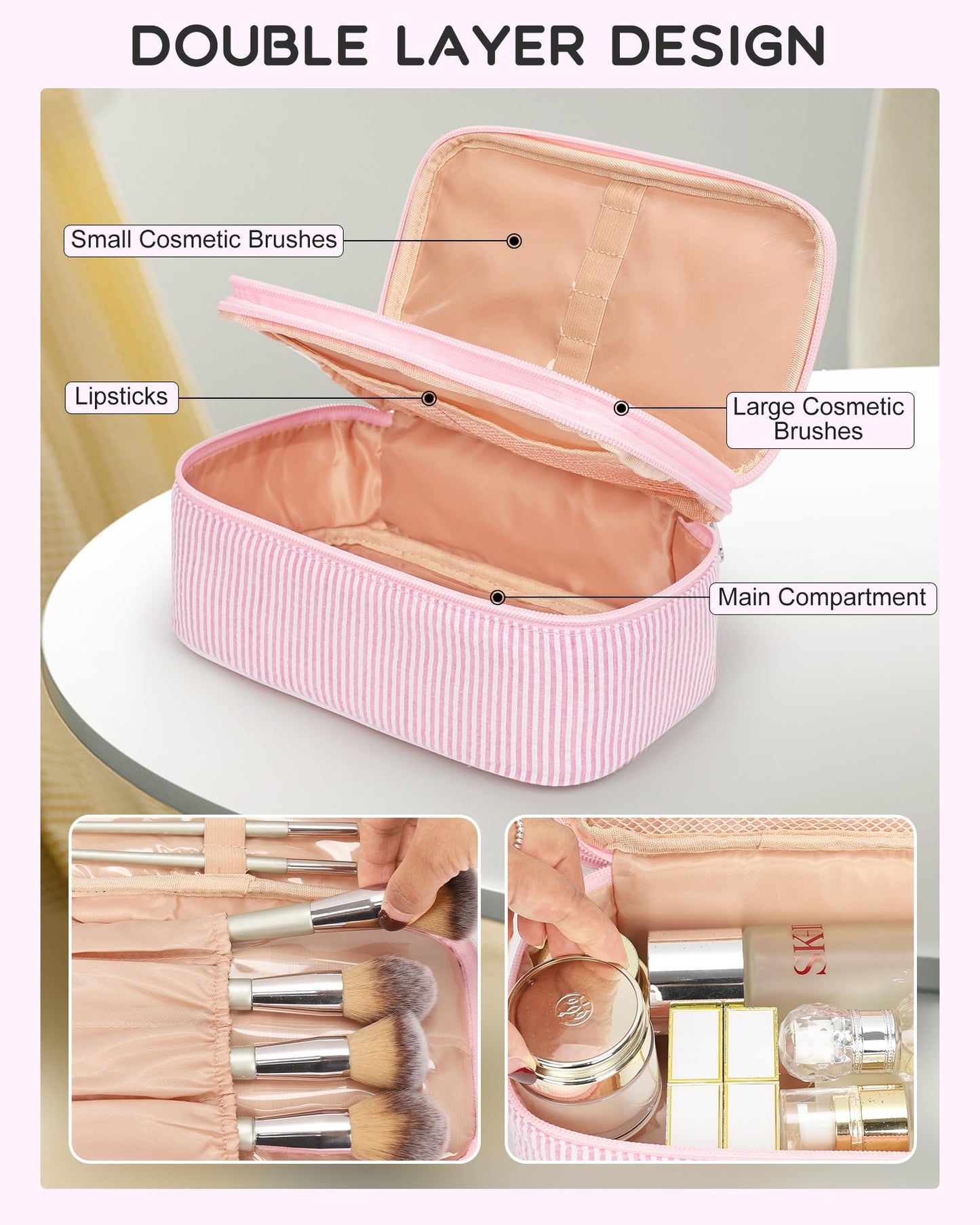 Relavel Cute Makeup Bag for Girls, Portable Pink Cosmetic Bag, Dual-layer Makeup Pouch with Brush Holder, Multi-Functional Preppy Toiletry Organizer for Travel, Daily Use - Pink Strip