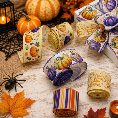 2 Inch Halloween Wired Edge Ribbon, 4 Rolls 20 Yards Fall Pumpkin Spider Web Stripe Craft Ribbon for Wreaths Bows Gift Wrapping, Halloween Party Home Decor