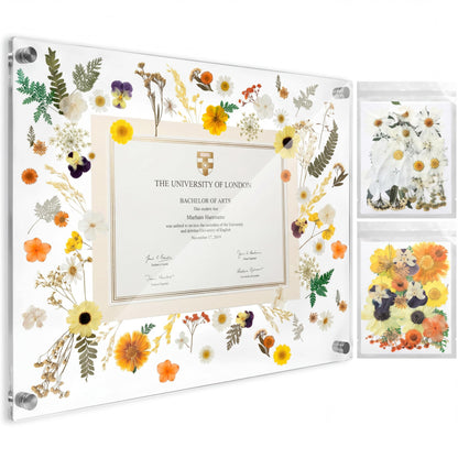 Thyle 2026 Graduation Acrylic Diploma Frame 18x22 Floral Business License Frame Wall Mount Floating Certificate Display Set with 50 Dried Flowers, Tweezers & Nano Tape, Ready-to-use(White,Beige)