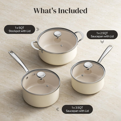 Redchef Cooking Pot Set Induction 5Qt, Saucepan Set 2.5/3.5Qt Nonstick Ceramic Cookware Set, Compatible All Cooktops, Even Heat, Stay-Cool Handles, Oven/Dishwasher Safe, PTFE PFAS Free (Beige)