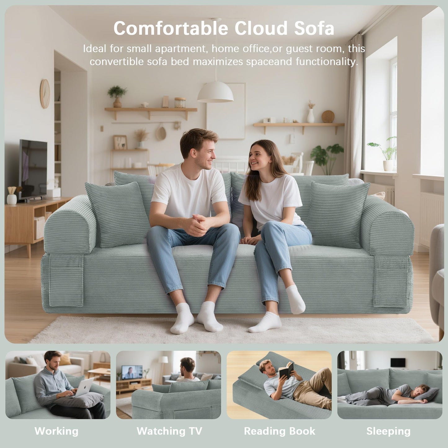 83" Modern Sofa in a Box, No Assembly Oversized 3 Seater 28" Deep Seat Cloud Sofa Bed Couch with 4 Furry Pillows & Corduroy Fabric, Boneless Couch with Side Storage Pockets for Living Room, Light grey