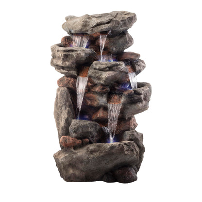 Alpine Corporation WIN730 Outdoor Floor Tiered Rock Waterfall Fountain with LED Lights and Natural Stone Look, 52", Brown