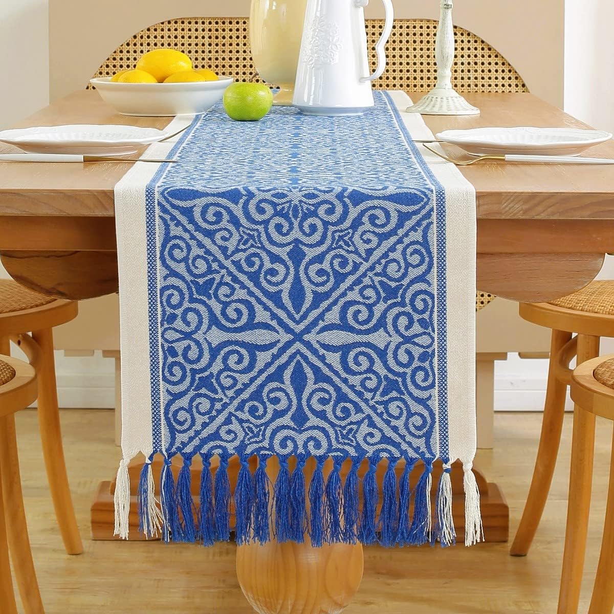 13 48 Inch Floral Coffee Table Runner for Living Room Kitchen Farmhouse Bordered Dining Table Runner with Fringe