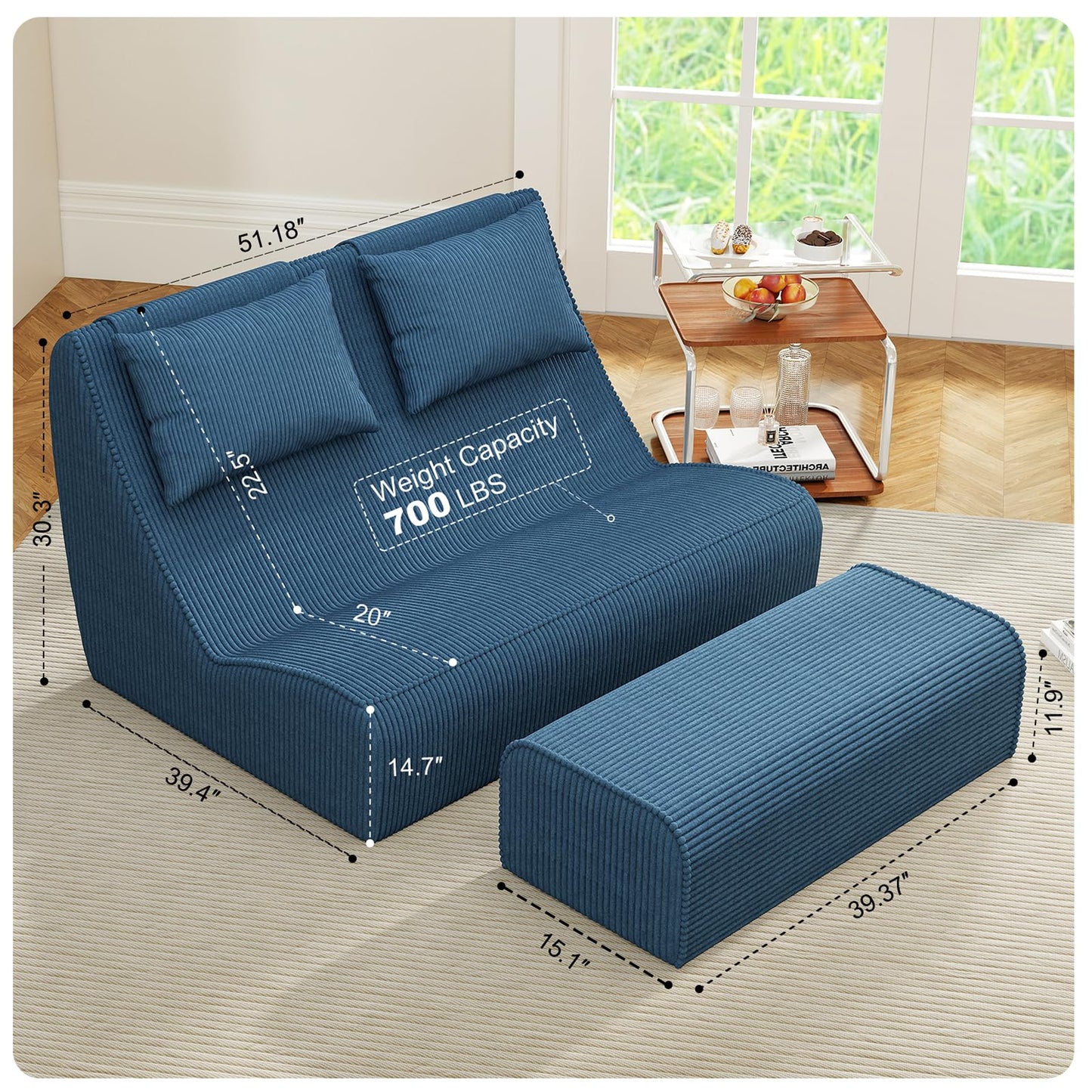 Giant Bean Bag Chair for Adults - Indoor Chaise Lounge with Pillows & Ottomans, Upholstered Loveseat Floor Sofa Chair for Reading, Gaming, Napping, and Movies (Royal Blue)