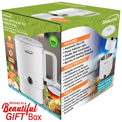 Brentwood KT-1504W 27oz Electric Travel Kettle & Hot Pot, Collapsible, Cool Touch Double Wall Stainless Steel Construction, Cordless with 360° Base, Auto Shut Off, Boil Dry Protection (White)