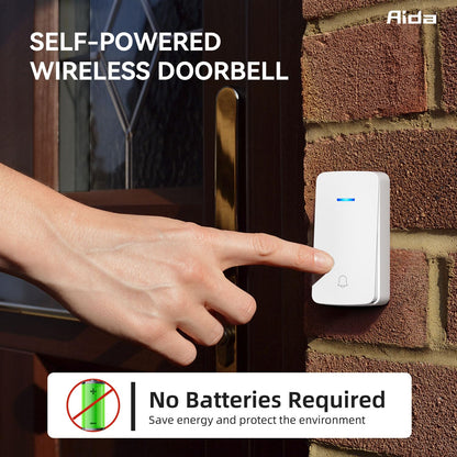 AIDA Wireless Doorbell, Self-powered Doorbell with Extra Socket, No Battery Required Push Button, Cordless Door Bell Ringer, 5 Volume Levels with 32 Doorbell Chimes (White, 2 Button & 1 Receiver)