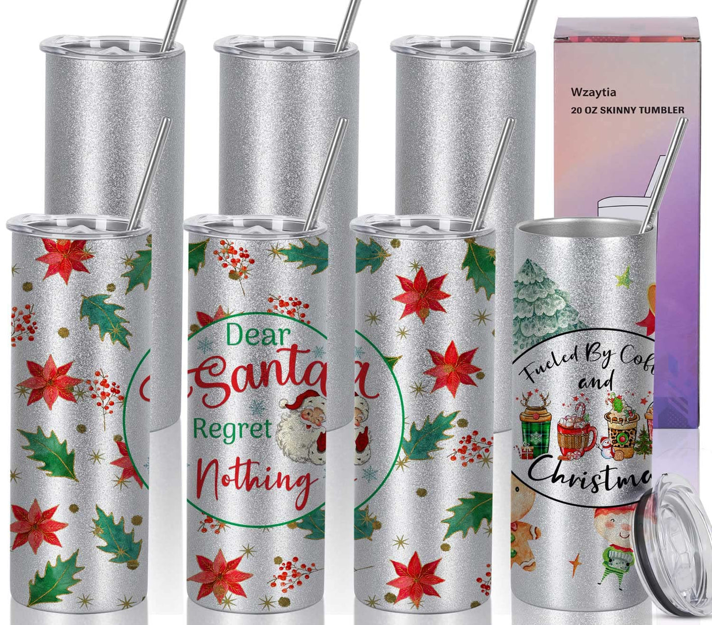 Wzaytia Glitter Sublimation Tumblers 20 Oz Skinny Straight, 8 Pack Sublimation Glitter Skinny Tumbler Blanks, Insulated Stainless Steel Tumbler, Silver