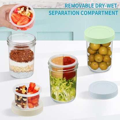 16 oz 4-Pack Xyptorix Overnight Oats Containers with Airtight Lids - Leak-Proof Wide Mouth Mason Jars & Divided Cups